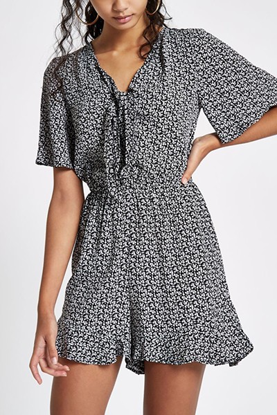 Black Print Tie Front Playsuit