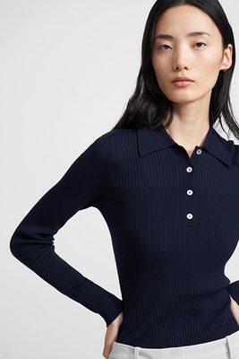 Ribbed Polo Sweater In Stretch Viscose-Wool