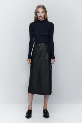Nappa leather midi skirt with belt · Brown · Skirts