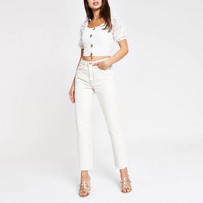 White Broderie Puff Sleeve Crop Top