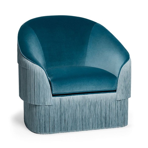 Munna Fringes Armchair Steel Blue Velvet Pale Blue Fringe from Houseology