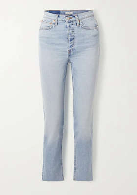 Cropped Frayed High-Rise Slim-Leg Jeans from RE/DONE + Caro Daur