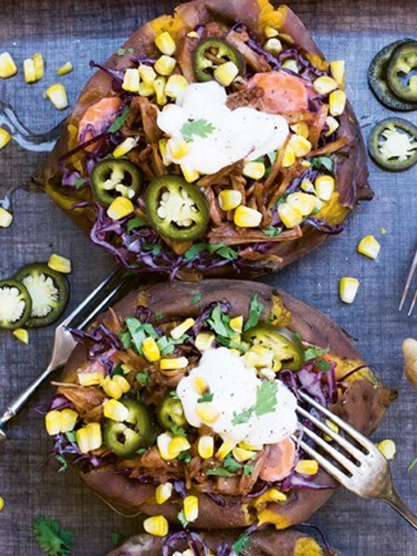 BBQ-Baked Sweet Potatoes with Jackfruit & Grilled Corn