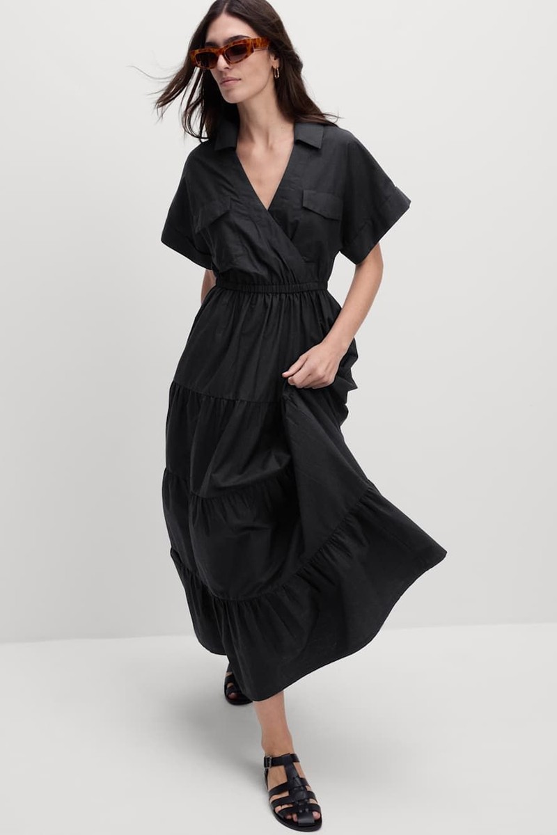 Pure Cotton V-Neck Midaxi Tiered Shirt Dress