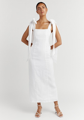 Aisle White Linen Bow Midi Dress