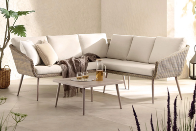 Cliveden Outdoor Aluminium Washed Wood Effect & Round Wicker Rattan Corner Sofa Set from Daals