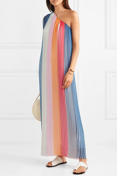 One-Shoulder Striped Pleated Chiffon Dress from Tome