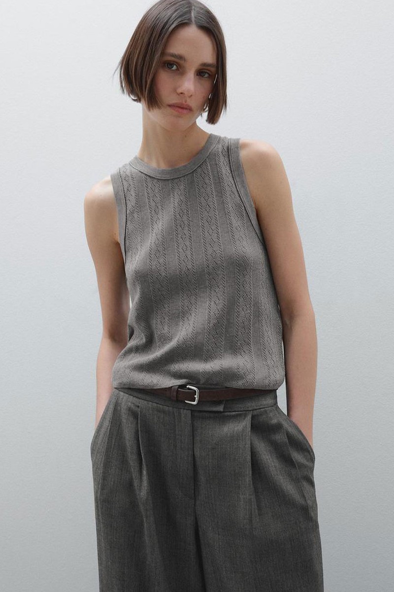 Cotton Blend Pointelle Knit Top from Massimo Dutti