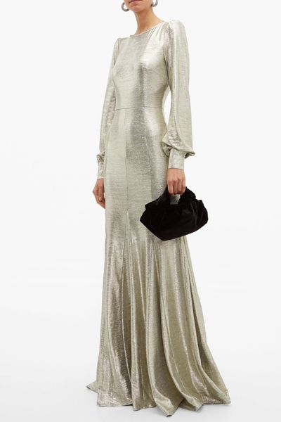 Illusion Balloon-Sleeve Foiled-Jersey Dress from Goat