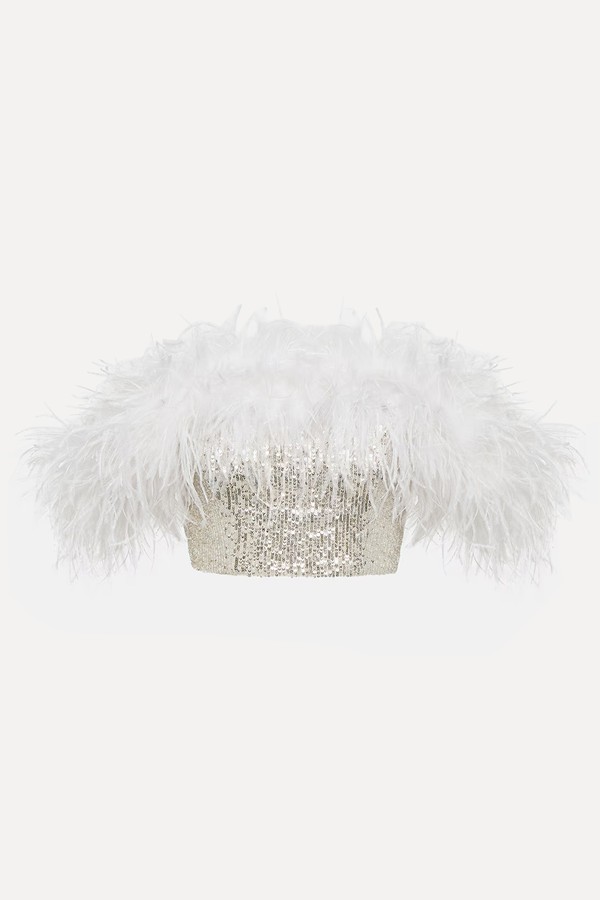 Sequined Feather-Trimmed Crop Top from Self-Portrait
