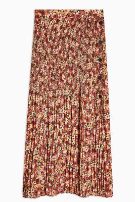 Floral Pleat Side Button Midi Skirt