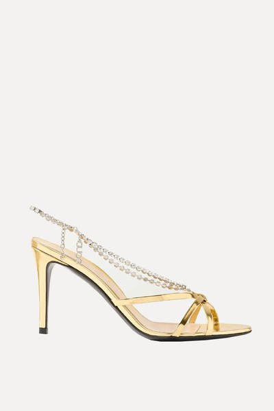 Heloise Crystal-Embellished Metallic Leather Sandals from Gucci