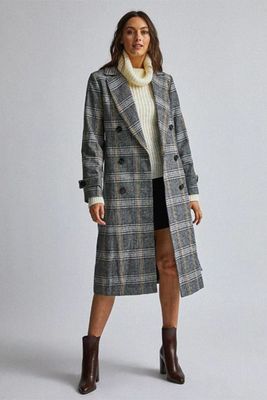 Multi Colour Check Print Wrap Belted Wool Look Trench Coat