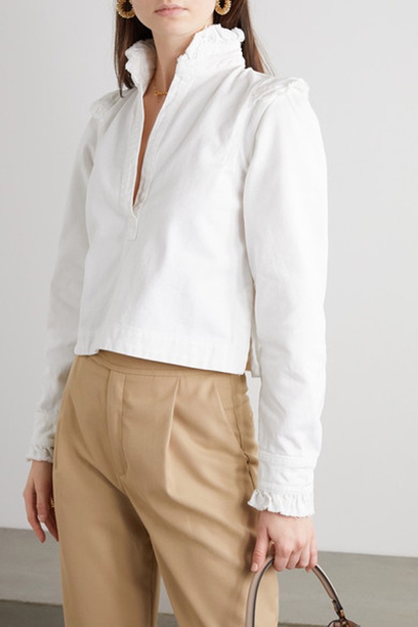 + NET SUSTAIN Breonia Frayed Ruffled Organic Denim Blouse from By Malene Birger