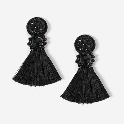 Black Bead and Tassel Drop Earrings