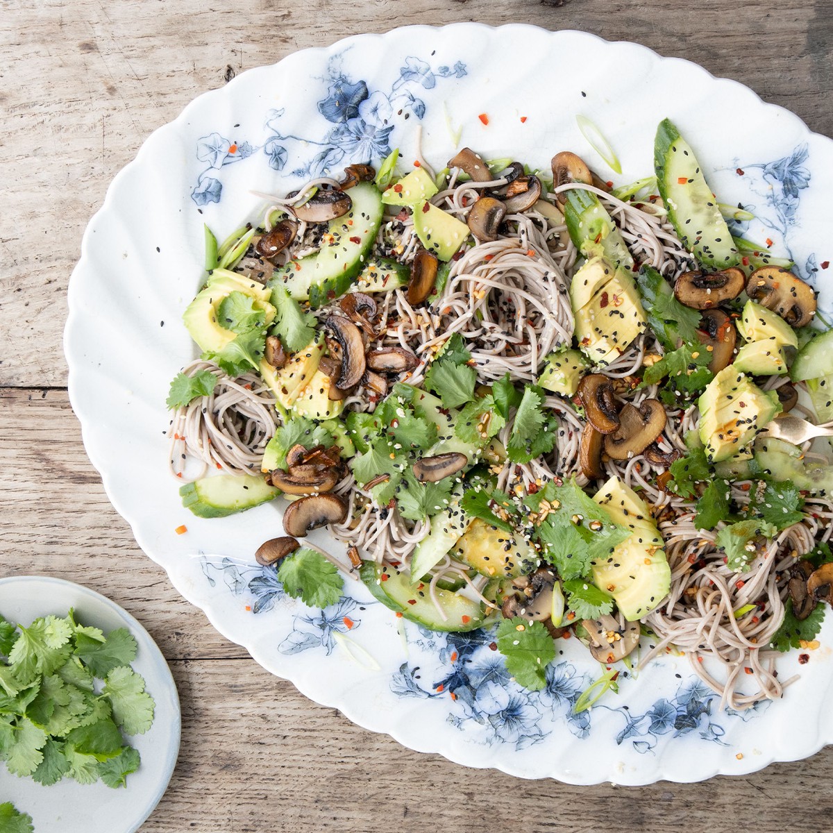 Soba Noodle Salad Tossed With Sesame Spicy Fried Mushrooms