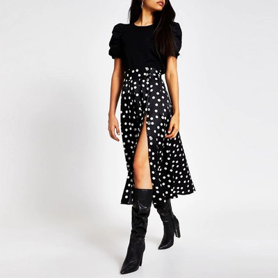 Black Polka Dot Button Front Maxi Skirt