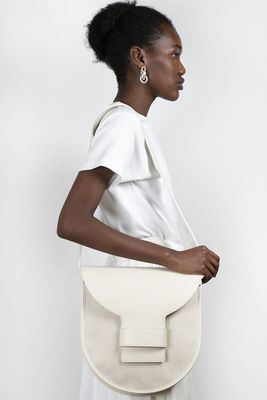 Cream Leather & Canvas Saddle Shoulder Bag