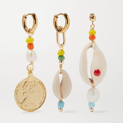 Siena Set Of Three Gold-Tone Bead, pearl & Shell Earrings 