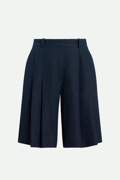 Long Pleated Linen Shorts