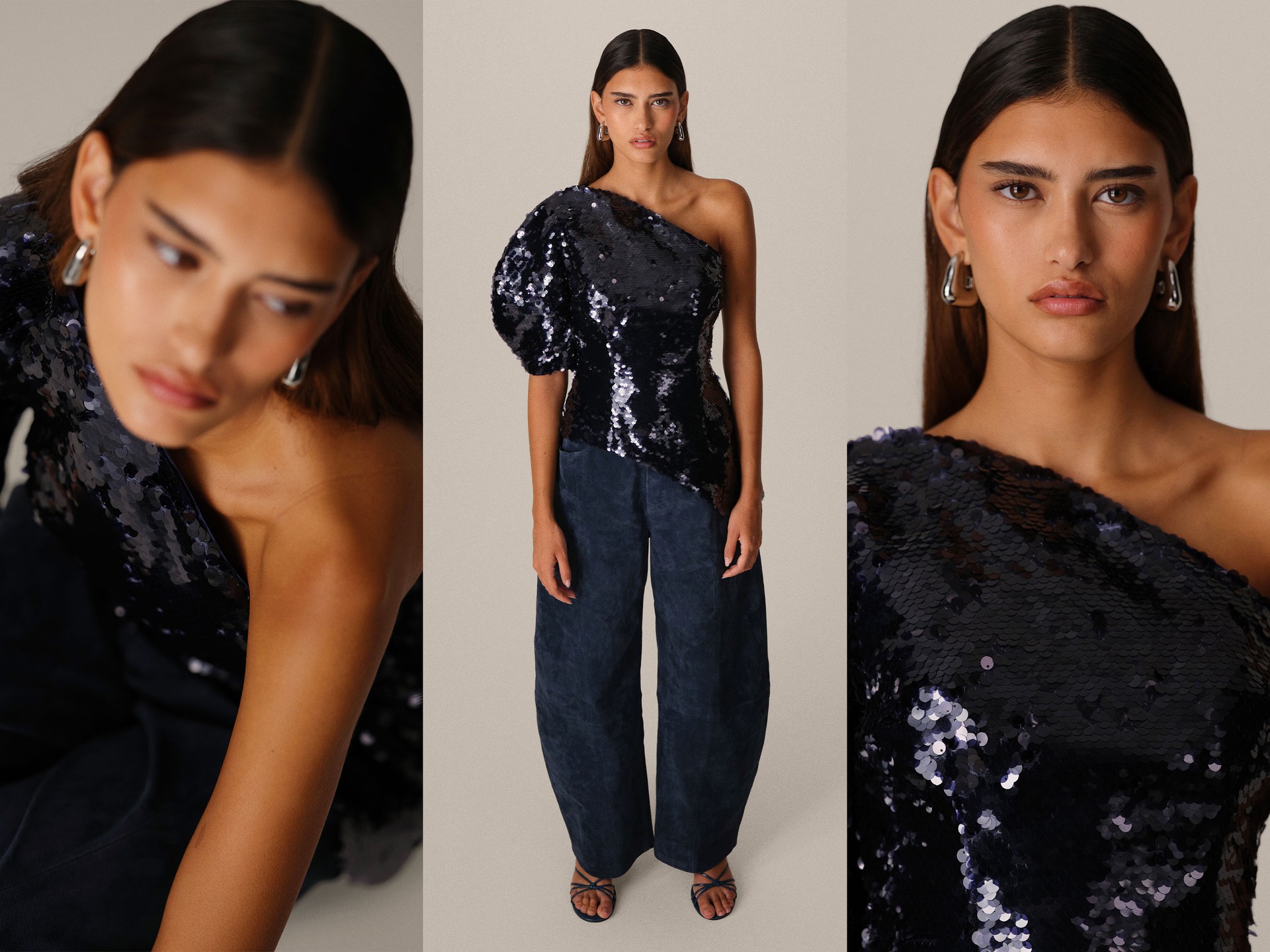 Sculptural One Shoulder Sequin Top