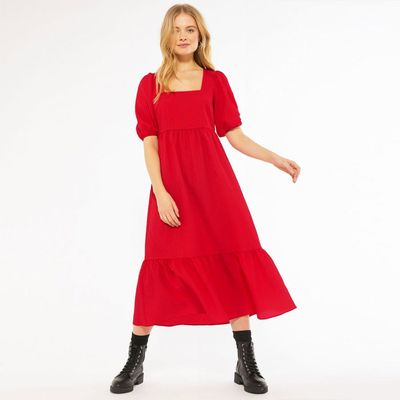 Red Crinkle Smock Midi Dress