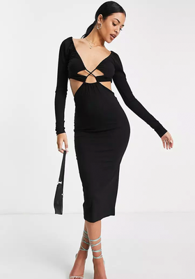 Long Sleeve Ruched Channel Cut Out Midi Dress from ASOS Design
