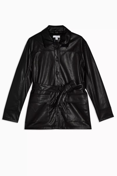 Petite Black Faux Leather Tie Shacket