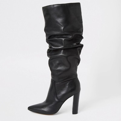 Black Leather Slouch Heel Boot from River Island