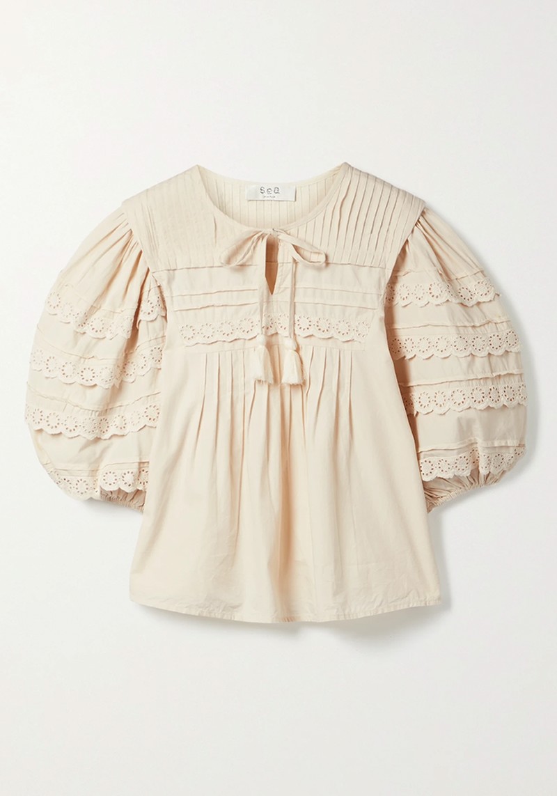 Tasseled Pleated Broderie Anglaise Cotton Blouse from Sea