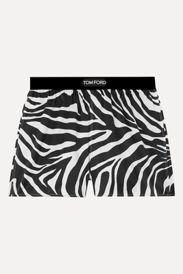 Velvet-Trimmed Zebra-Print Silk-Blend Satin Shorts from Tom Ford