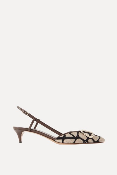 VLOGO 40 Embellished Leather-Trimmed Flocked Canvas Slingback Pumps from Valentino Garavani