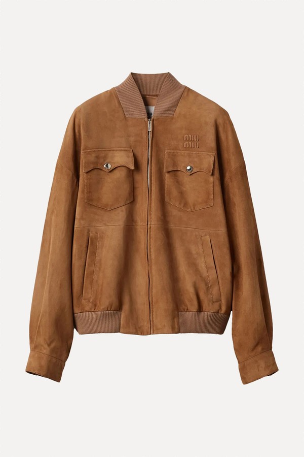 Logo-Lettering Suede Jacket from Miu Miu