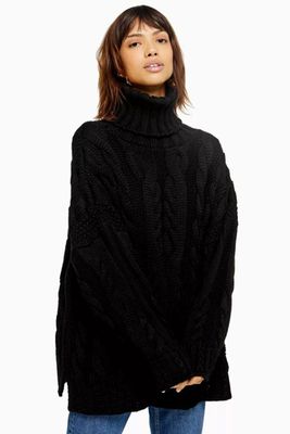 Black Chunky Knitted Cable Roll Neck Jumper