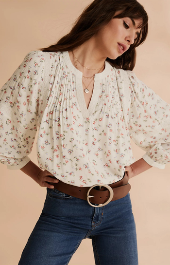 Floral V-Neck Lace Insert Popover Blouse