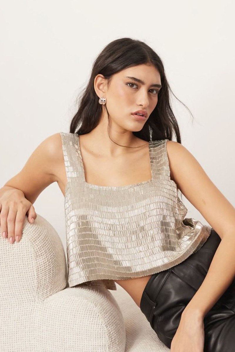 Embellished Beaded Square Neck Boxy Crop Top from ARRANGE