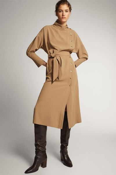 Button High Neck Dress With Belt from Massimo Dutti