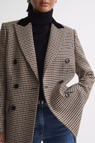 Cici Double Breasted Houndstooth Wool Blazer from Reiss