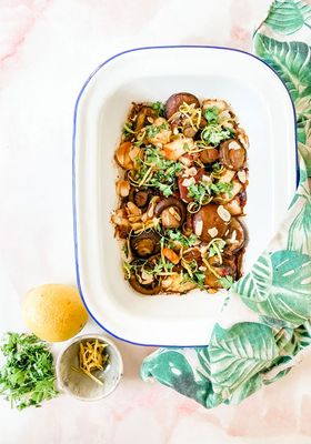 Ras el hanout slow-roasted mushrooms with pine nuts, halloumi and flat-leaf parsley