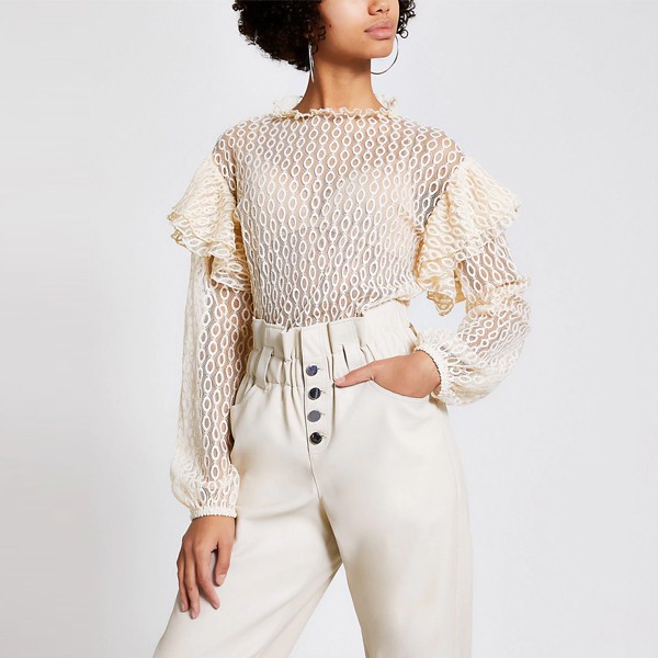 Cream Lace Long Sleeve Frill Shoulder Top