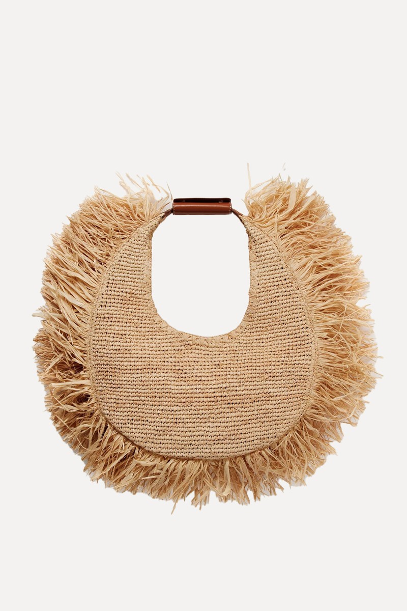 Moon Large Leather-Trimmed Fringed Raffia Tote from STAUD