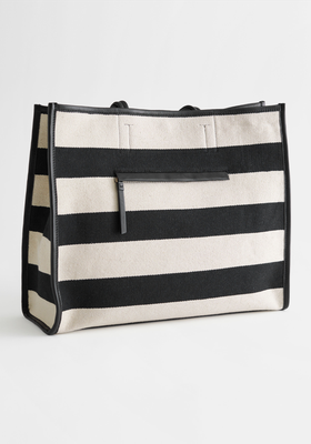 Striped Canvas Leather Tote Bag