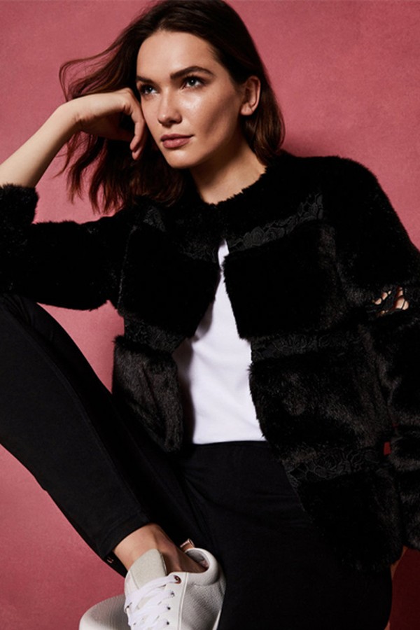 Caarool Faux Fur Lace Panel Detail Jacket