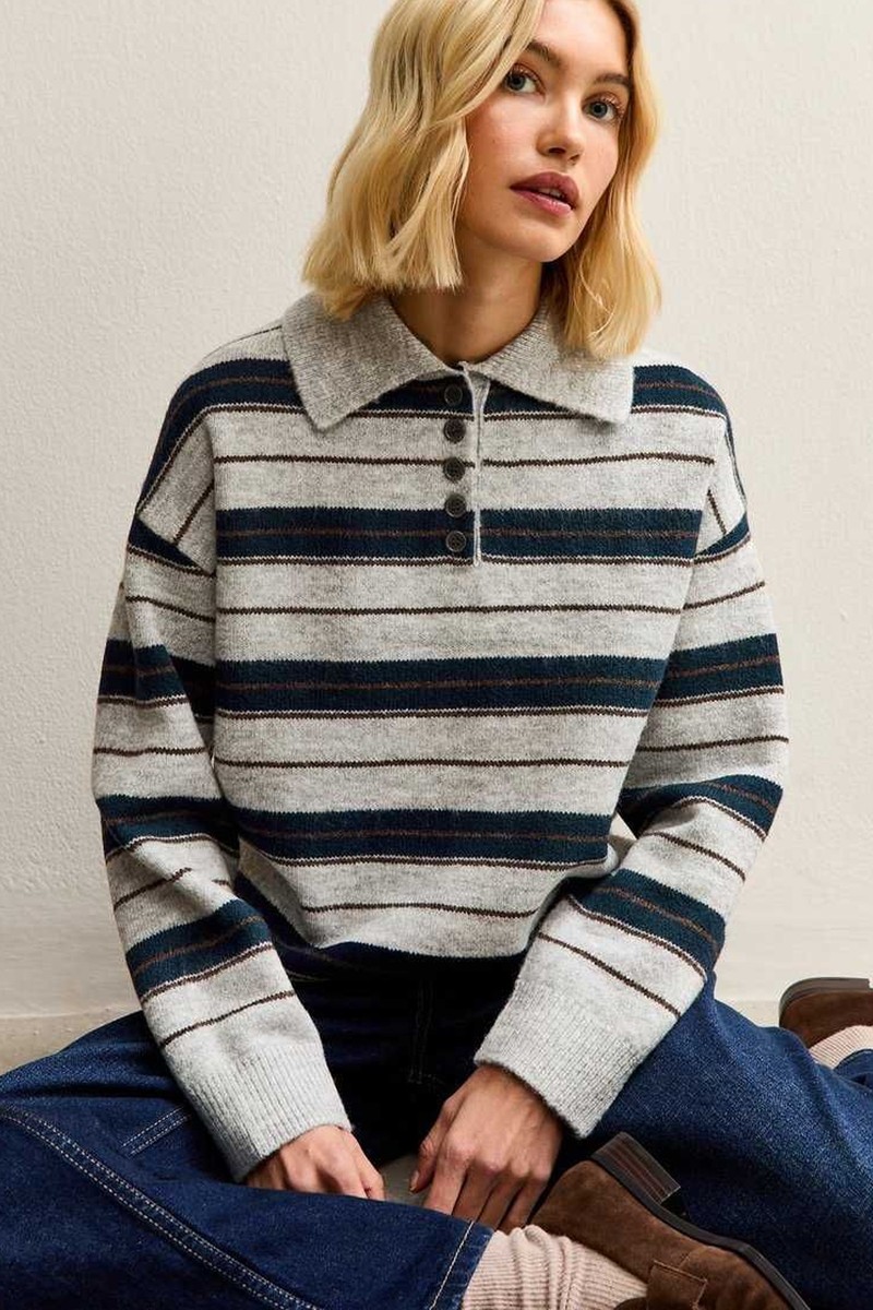 Striped Knit Polo Jumper from New Look