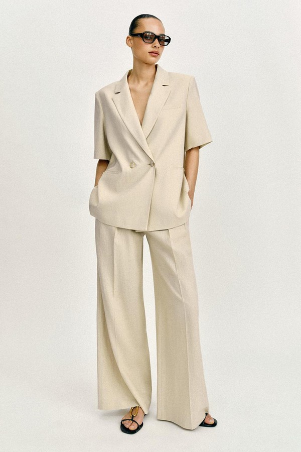 Double-Breasted Linen Blend Short Sleeve Blazer