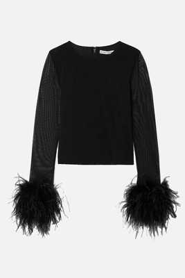 Delaina Feather-Trimmed Mesh Top  from Alice + Olivia
