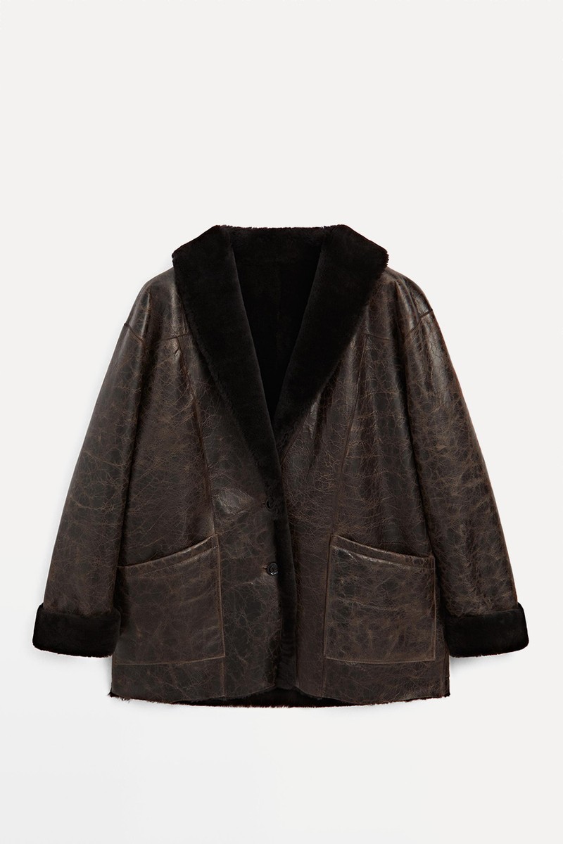 Mouton Leather Coat With Crackled Finish from Massimo Dutti