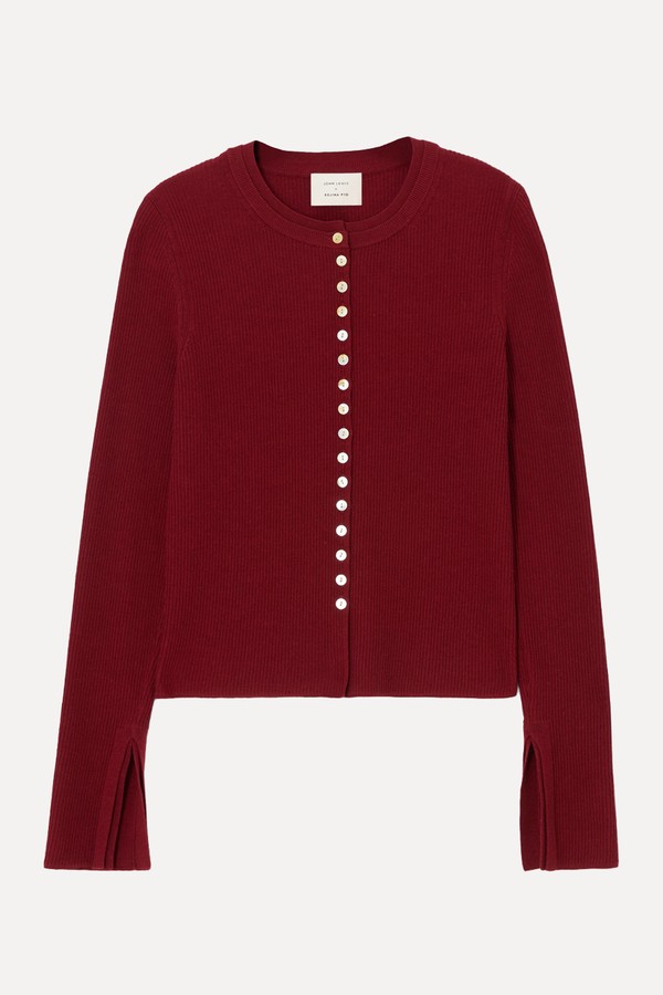 Merino Wool Blend Rib Knit Button Detail Cardigan