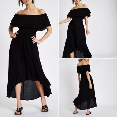 Black Frill Bardot Maxi Dress 