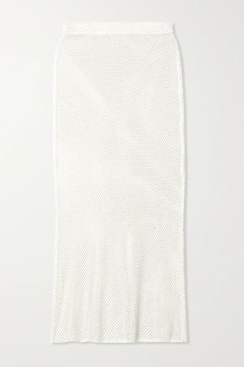 Crystal-Embellished Open-Knit Midi Skirt from Leslie Amon